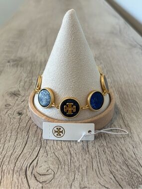 Tory Burch Gold-Tone Blue Lapis Panel Logo Bracelet